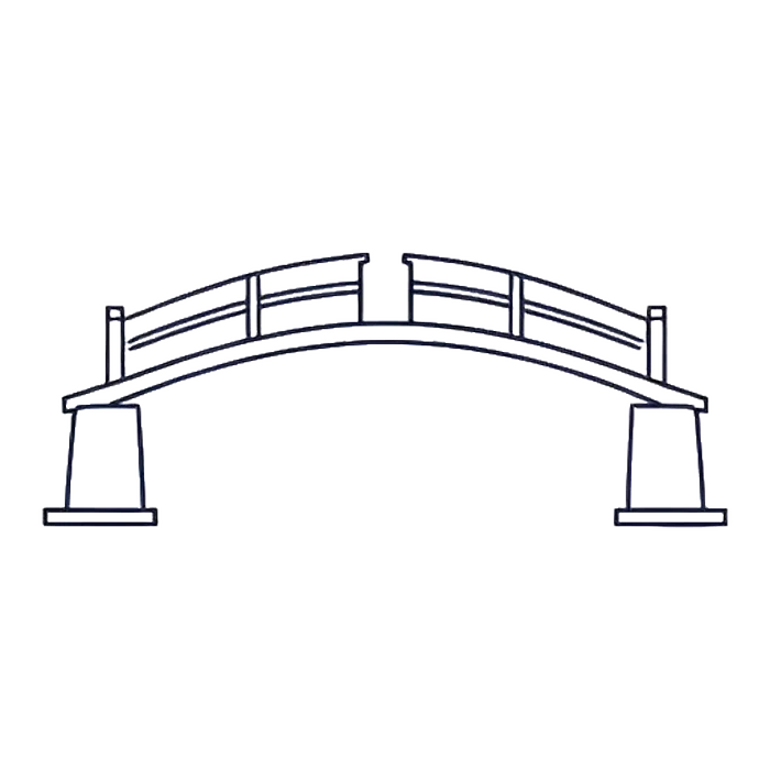 A bridge with a gap in the middle gradually closing until two simple figures meet and shake hands, illustrating Me Capsule's process